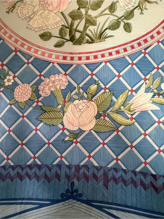 Hermes Paris Jeux de Paille Blue Floral Silk Scarf.